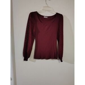 Dorose Burgundy Ribbed Square Neck Top with Crochet Lace Puff Sleeves Small